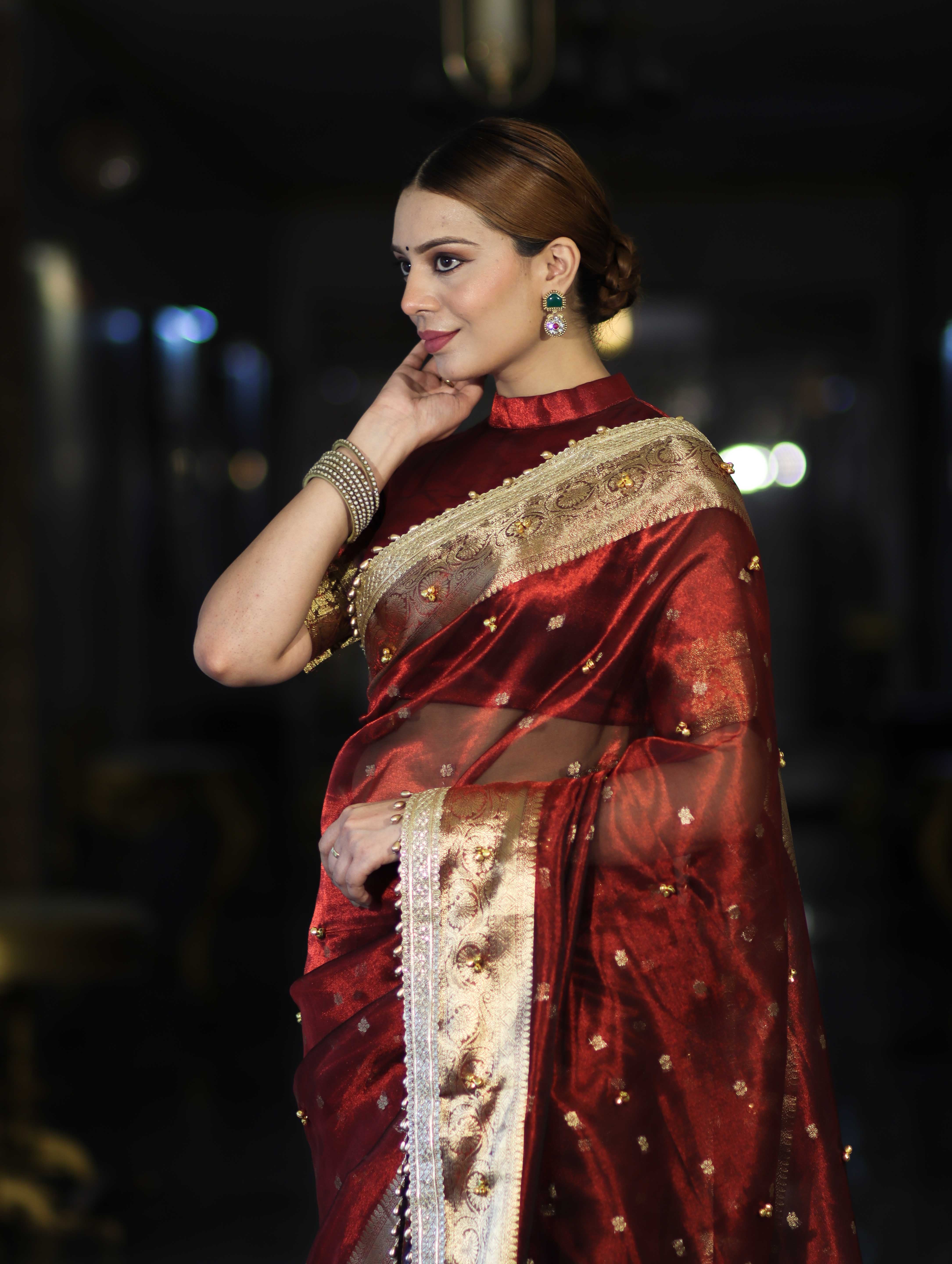 Banarasee Handwoven Tissue Saree With Embroidered Ghungroo Work-Maroon