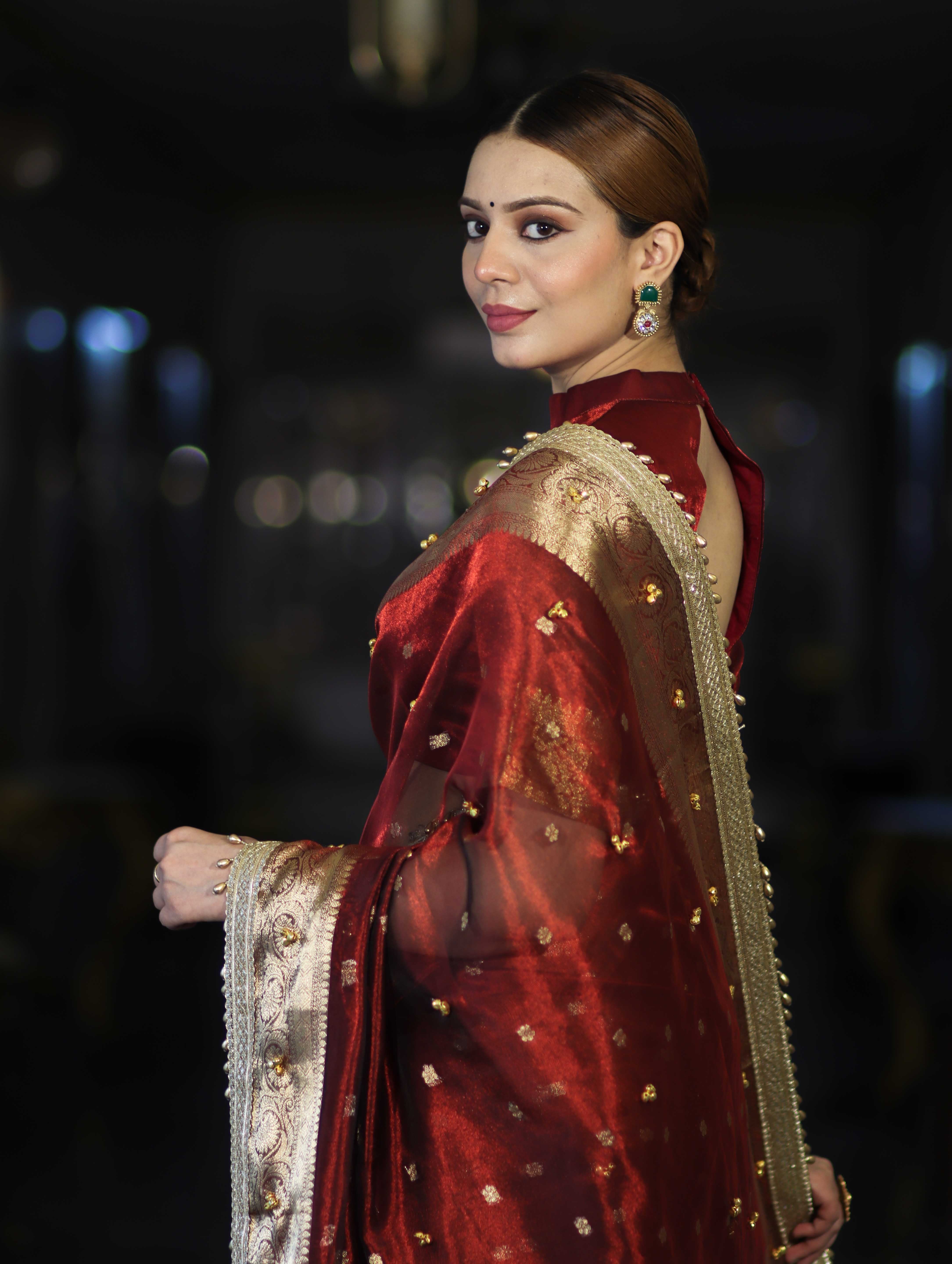 Banarasee Handwoven Tissue Saree With Embroidered Ghungroo Work-Maroon
