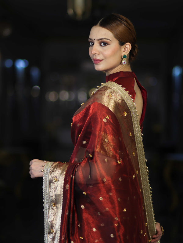 Banarasee Handwoven Tissue Saree With Embroidered Ghungroo Work-Maroon