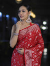 Banarasee Handwoven Georgette Saree With Zari Jaal Design & Border-Red