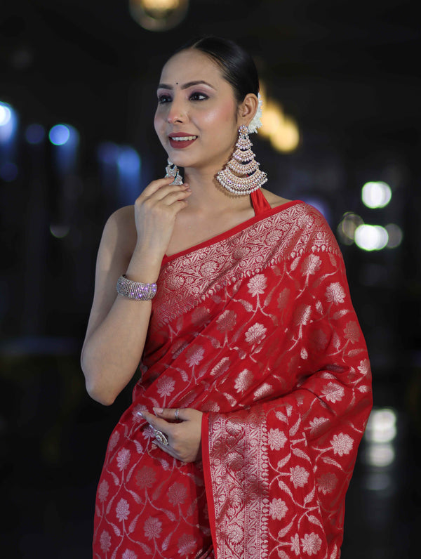 Banarasee Handwoven Georgette Saree With Zari Jaal Design & Border-Red