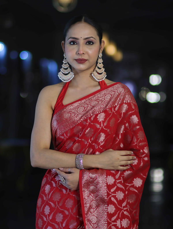 Banarasee Handwoven Georgette Saree With Zari Jaal Design & Border-Red