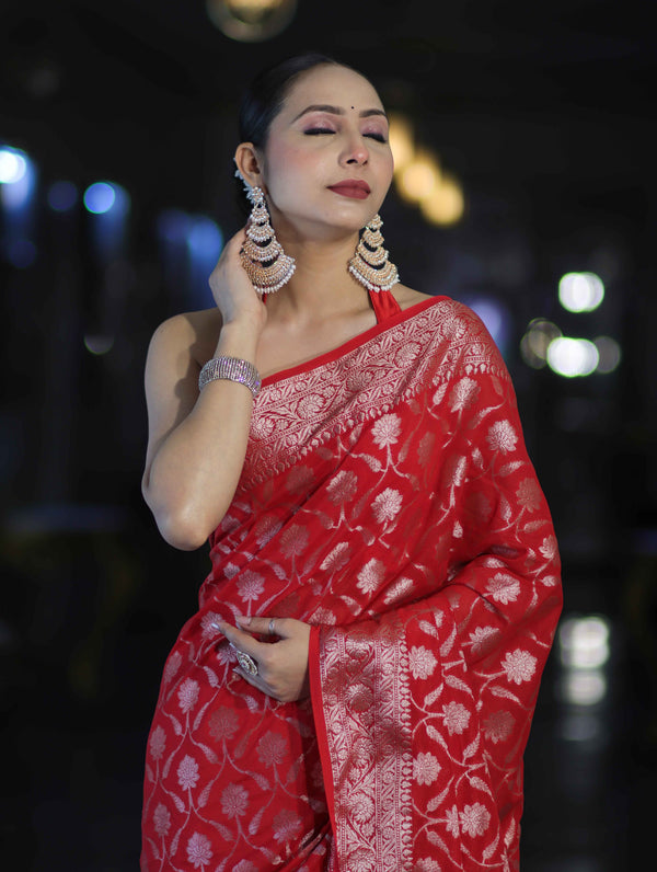 Banarasee Handwoven Georgette Saree With Zari Jaal Design & Border-Red