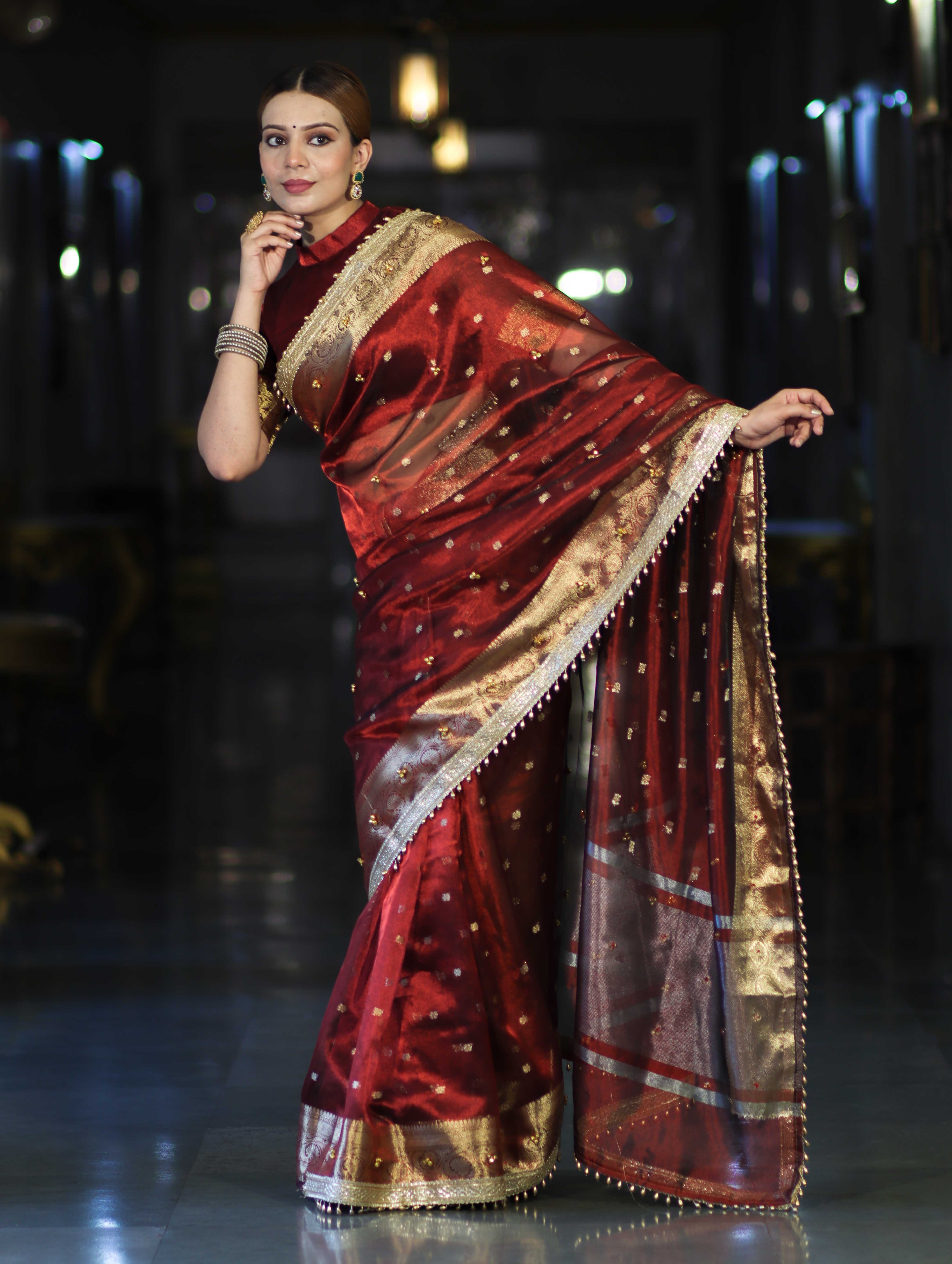 Banarasee Handwoven Tissue Saree With Embroidered Ghungroo Work-Maroon