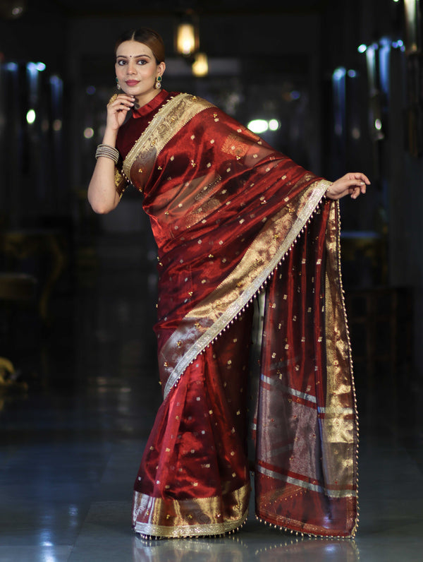 Banarasee Handwoven Tissue Saree With Embroidered Ghungroo Work-Maroon