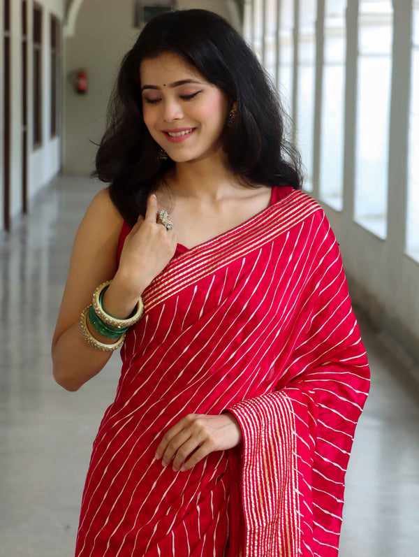 Banarasee Semi Silk Saree With Leheriya Design & Zari Border-Red