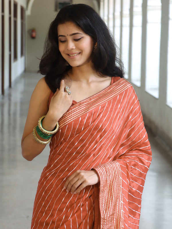 Banarasee Semi Silk Saree With Leheriya Design & Zari Border-Orange
