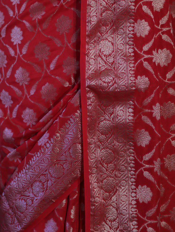 Banarasee Handwoven Georgette Saree With Zari Jaal Design & Border-Red