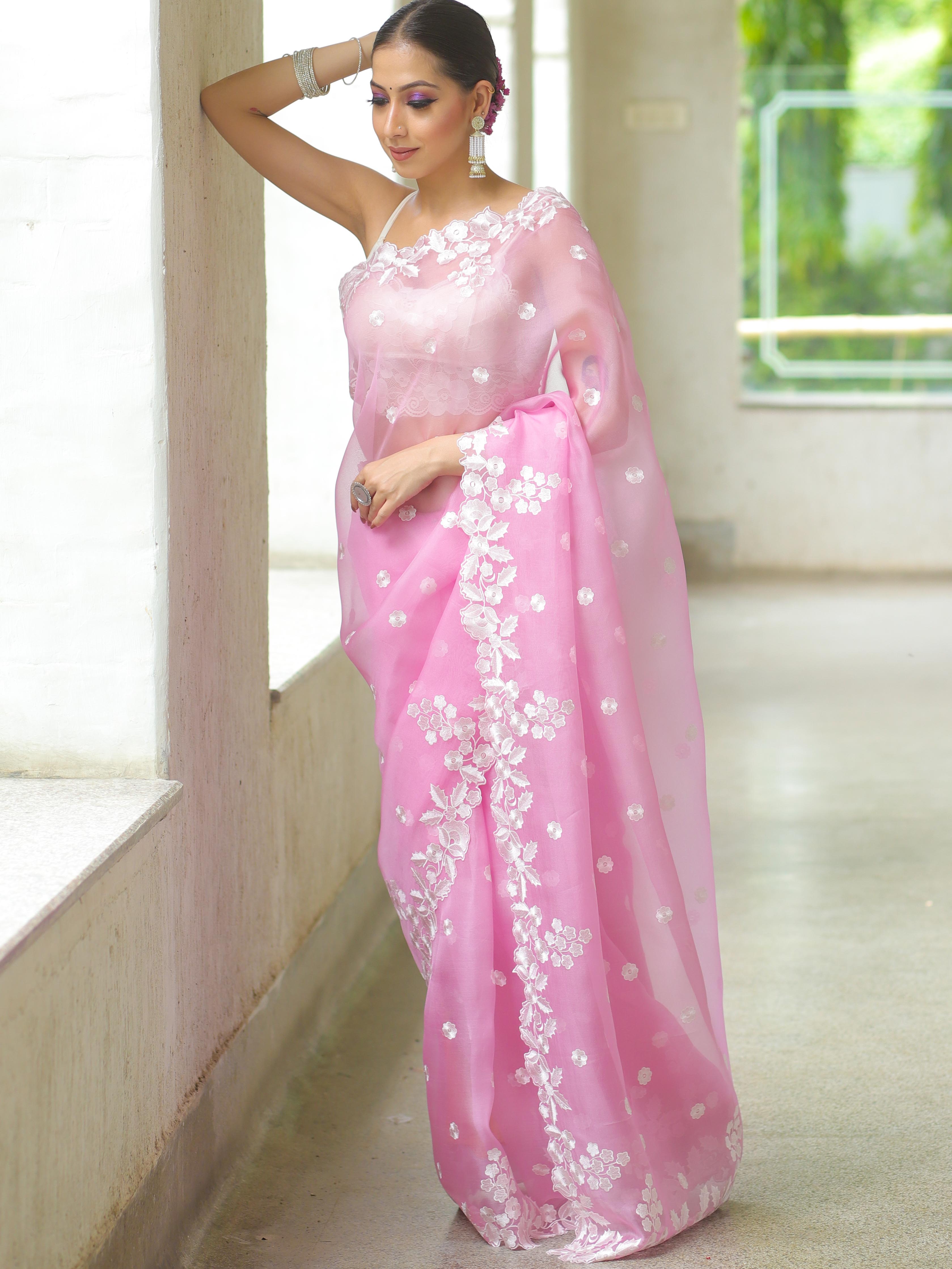 Banarasee Pure Organza Silk Saree With Floral Resham Embroidery-Lavender