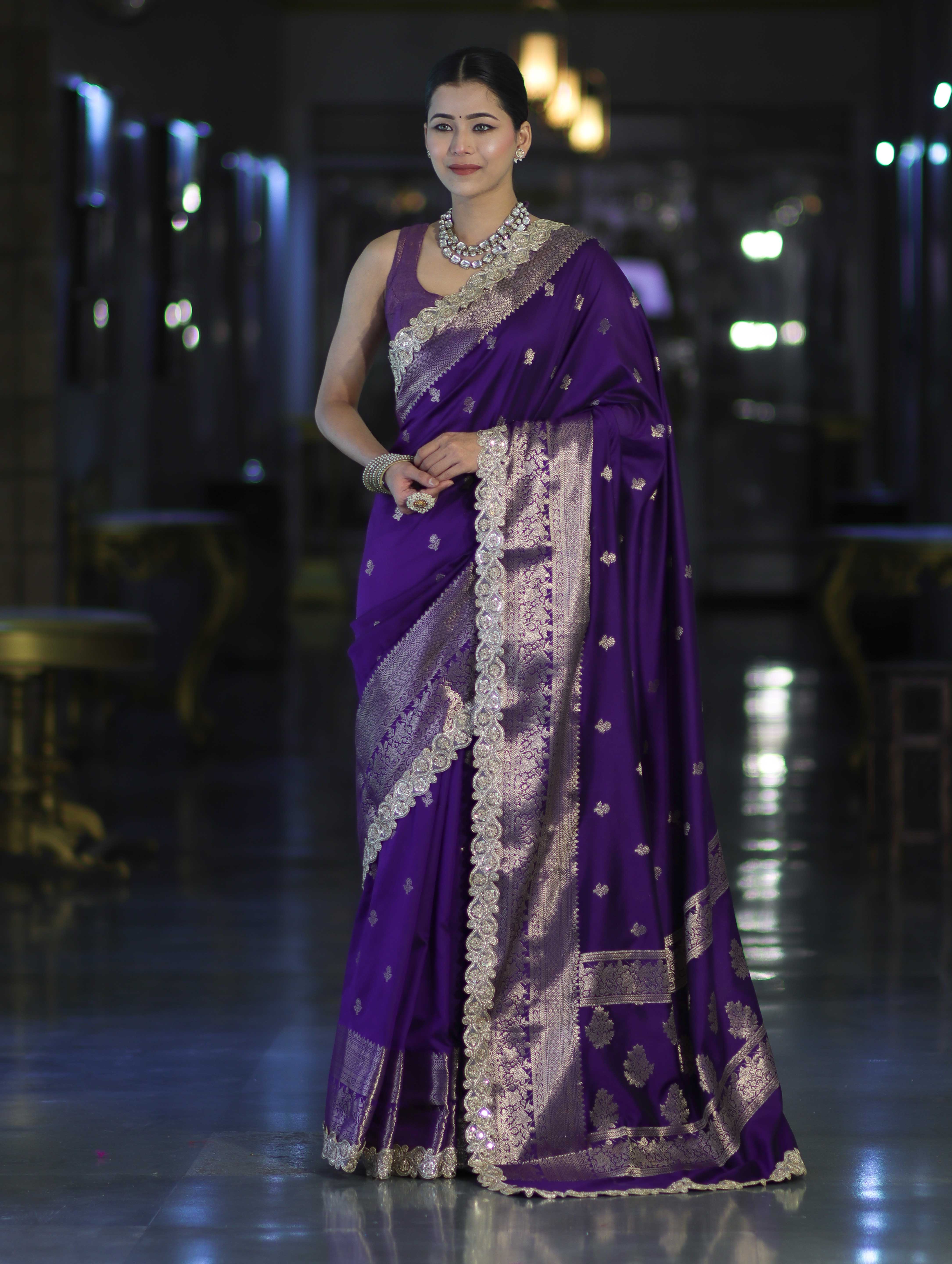 Banarasee Handloom Semi Silk Saree With Zari Buti Design & Lace Border-Violet