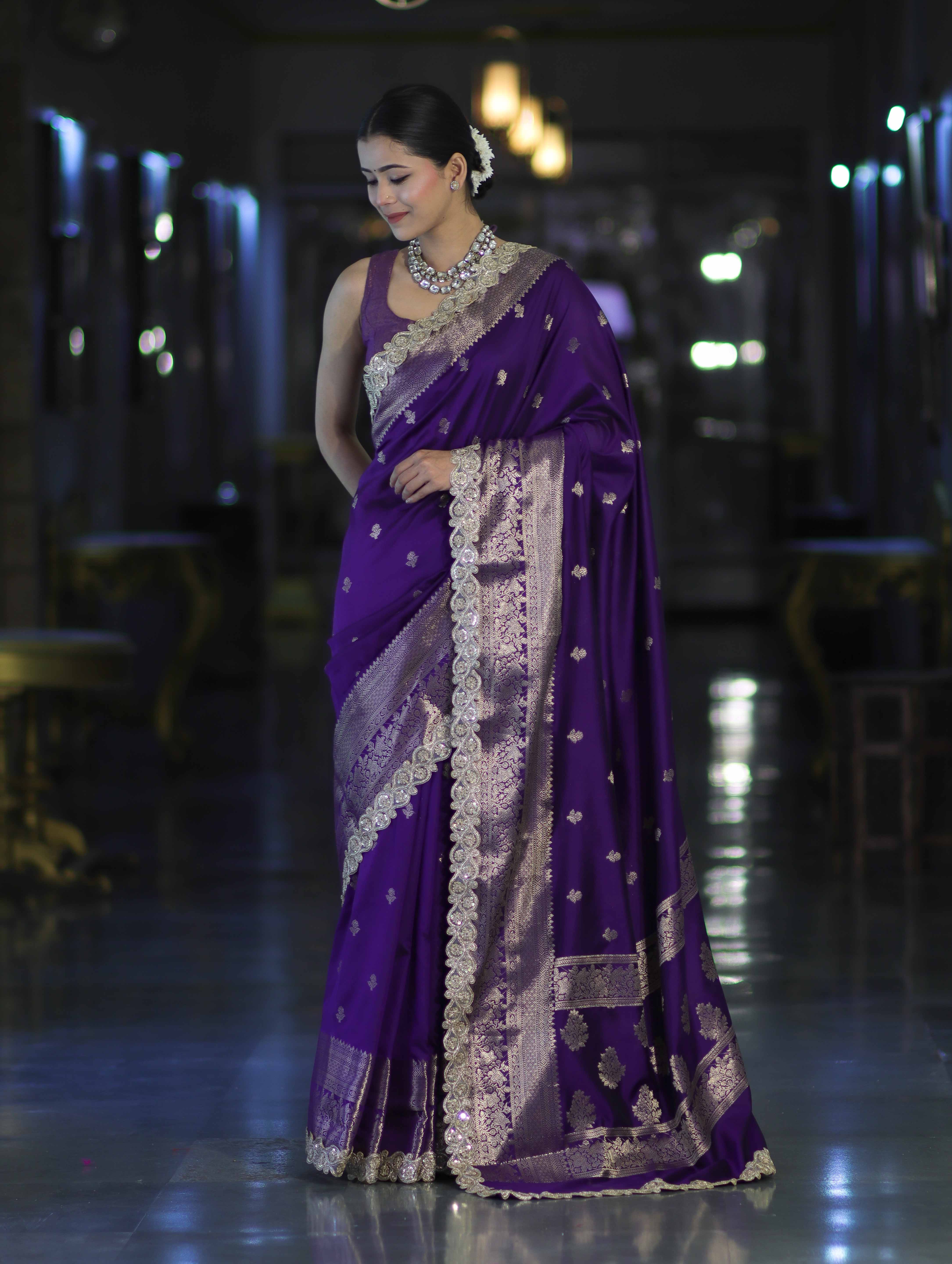 Banarasee Handloom Semi Silk Saree With Zari Buti Design & Lace Border-Violet