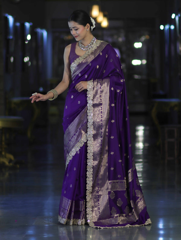 Banarasee Handloom Semi Silk Saree With Zari Buti Design & Lace Border-Violet