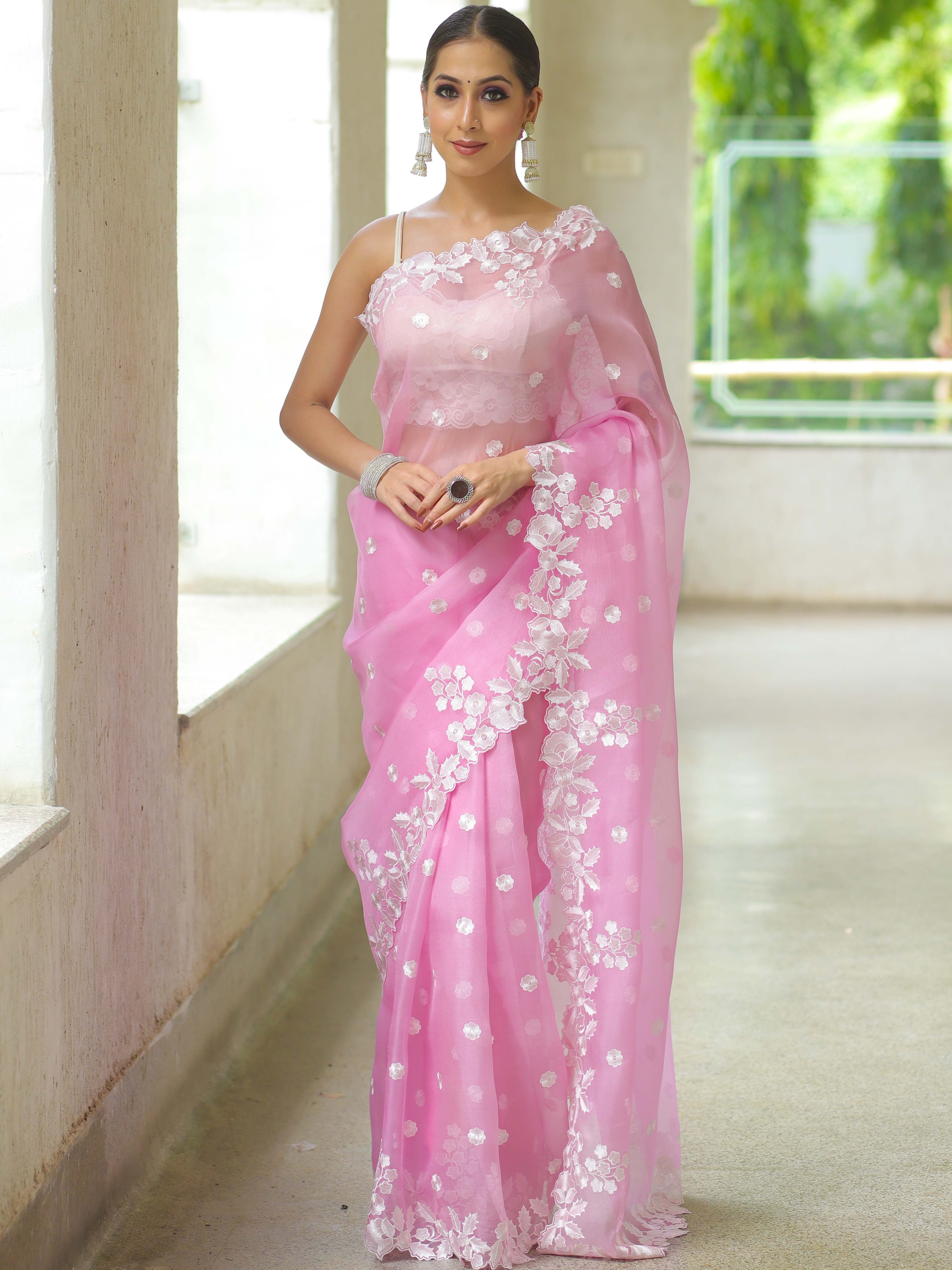 Banarasee Pure Organza Silk Saree With Floral Resham Embroidery-Lavender