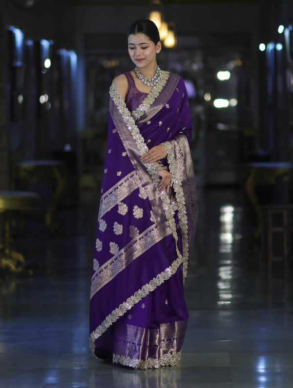 Banarasee Handloom Semi Silk Saree With Zari Buti Design & Lace Border-Violet