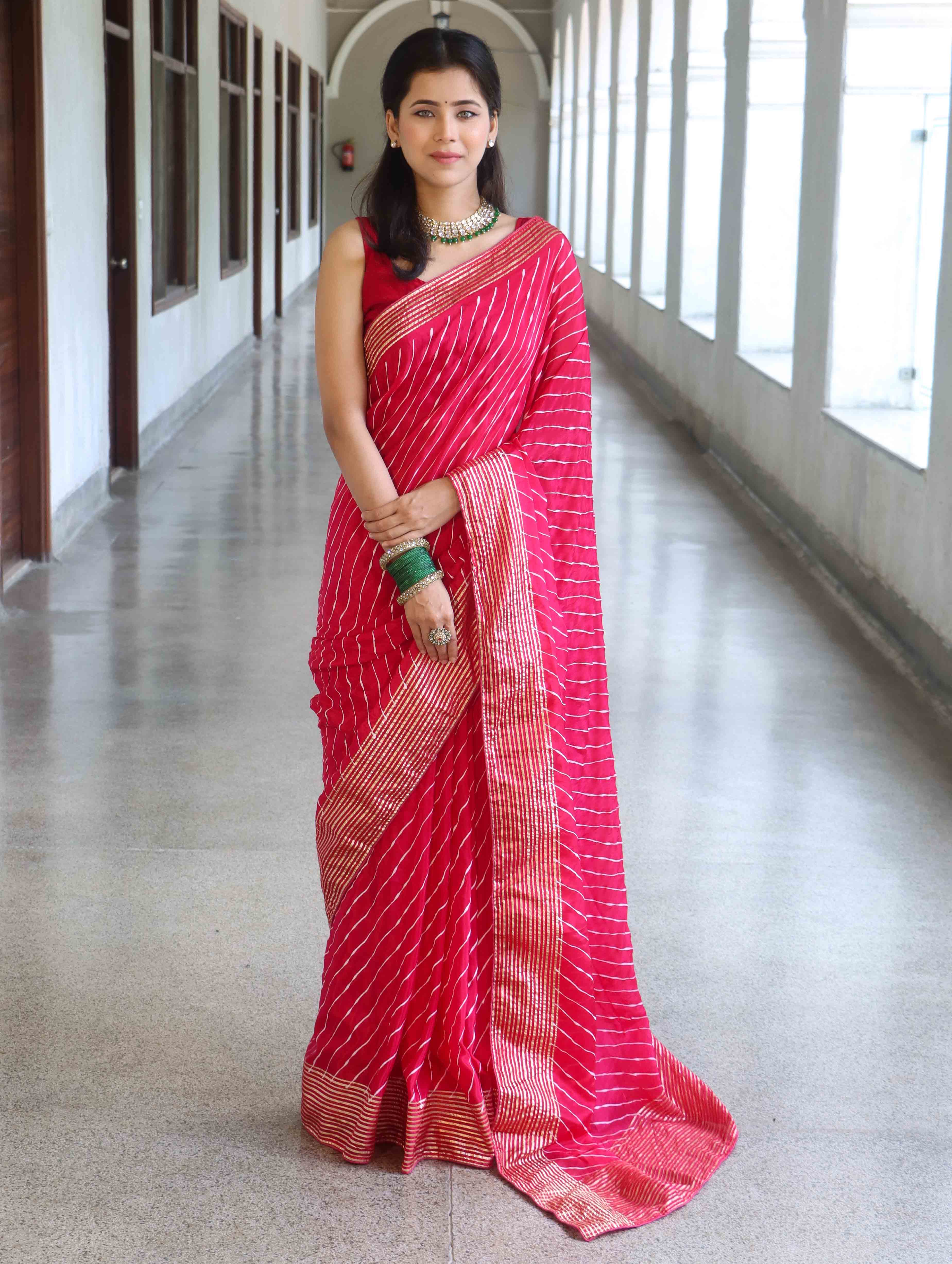 Banarasee Semi Silk Saree With Leheriya Design & Zari Border-Pink