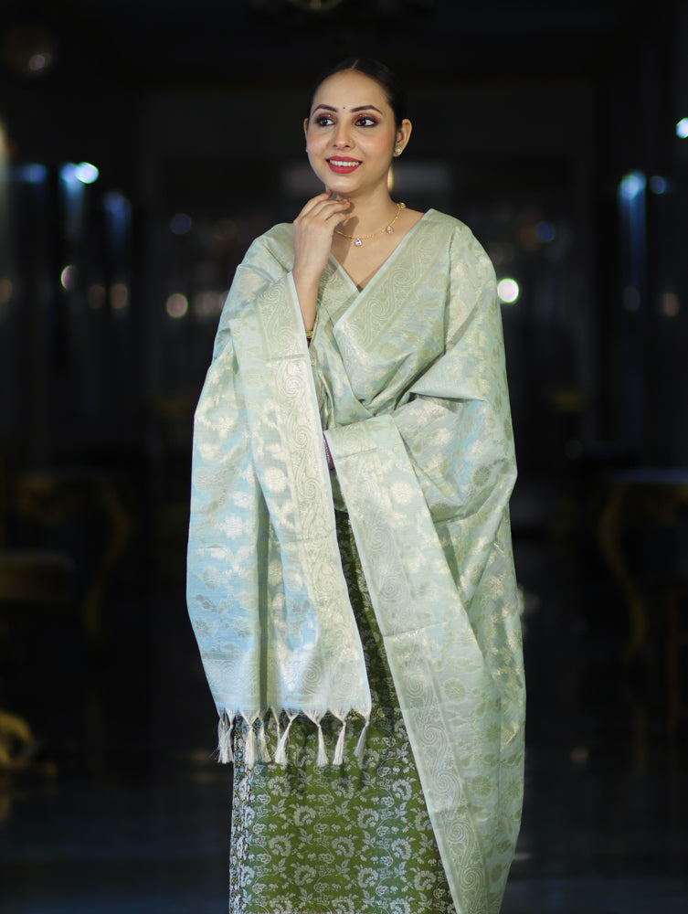 Banarasee Brocade Salwar Kameez Fabric With Jaal Design Contrast Dupatta-Green