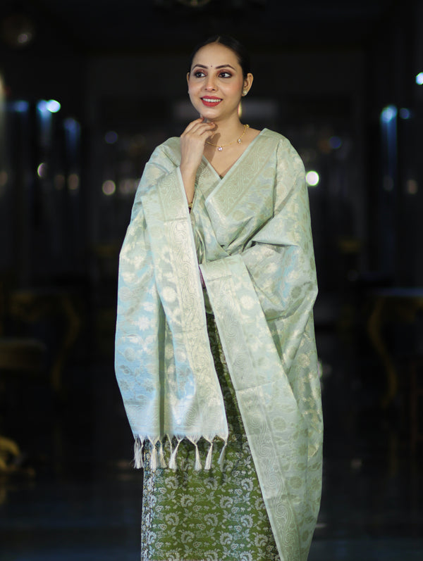 Banarasee Brocade Salwar Kameez Fabric With Jaal Design Contrast Dupatta-Green