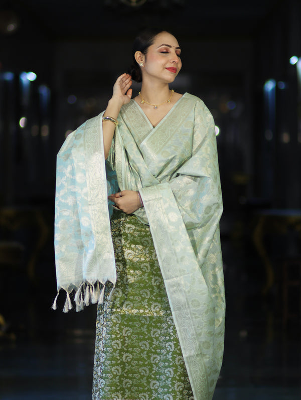 Banarasee Brocade Salwar Kameez Fabric With Jaal Design Contrast Dupatta-Green