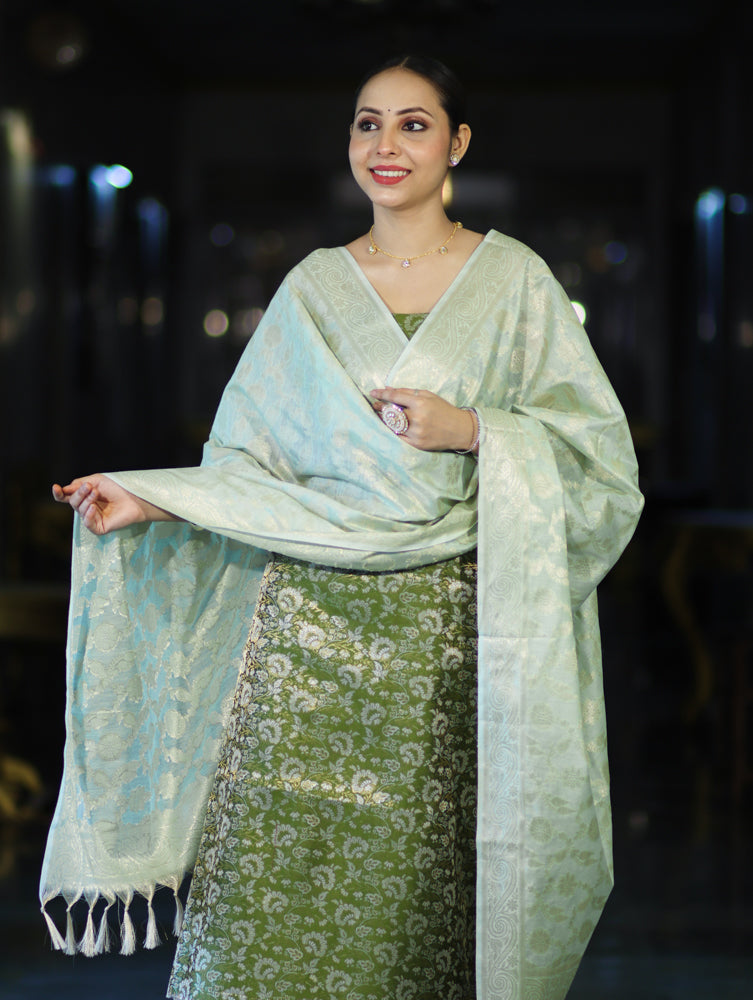 Banarasee Brocade Salwar Kameez Fabric With Jaal Design Contrast Dupatta-Green