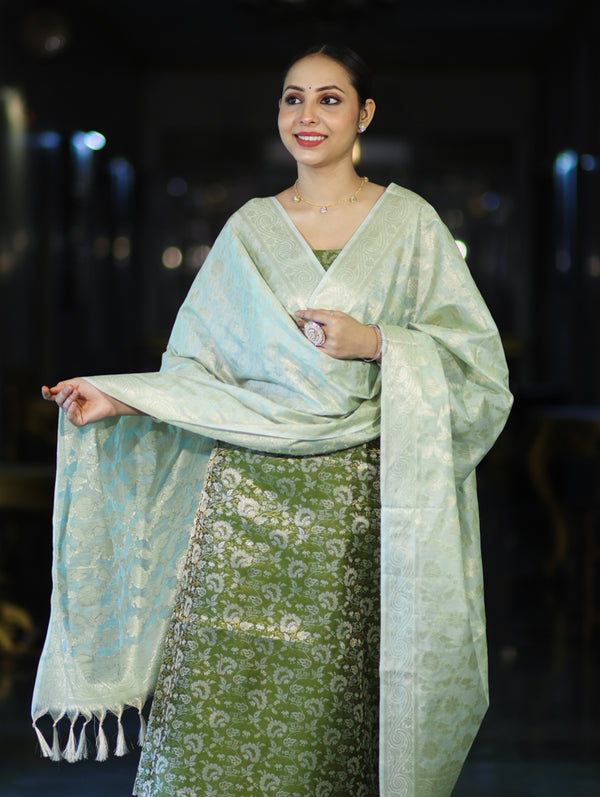 Banarasee Brocade Salwar Kameez Fabric With Jaal Design Contrast Dupatta-Green
