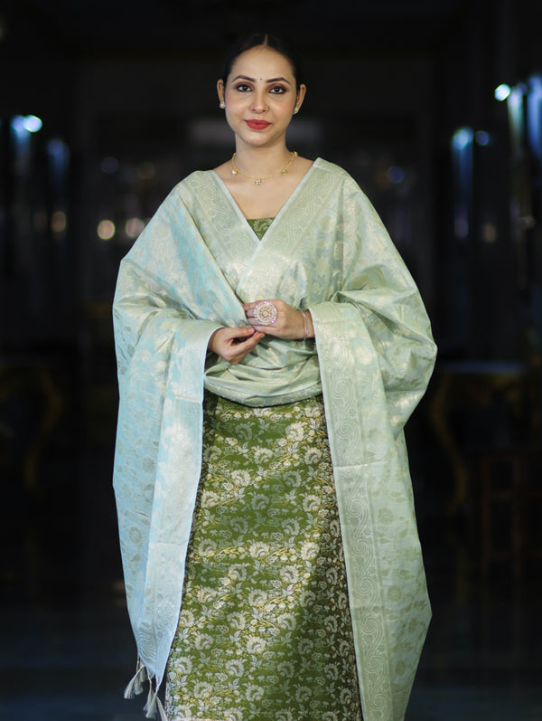 Banarasee Brocade Salwar Kameez Fabric With Jaal Design Contrast Dupatta-Green