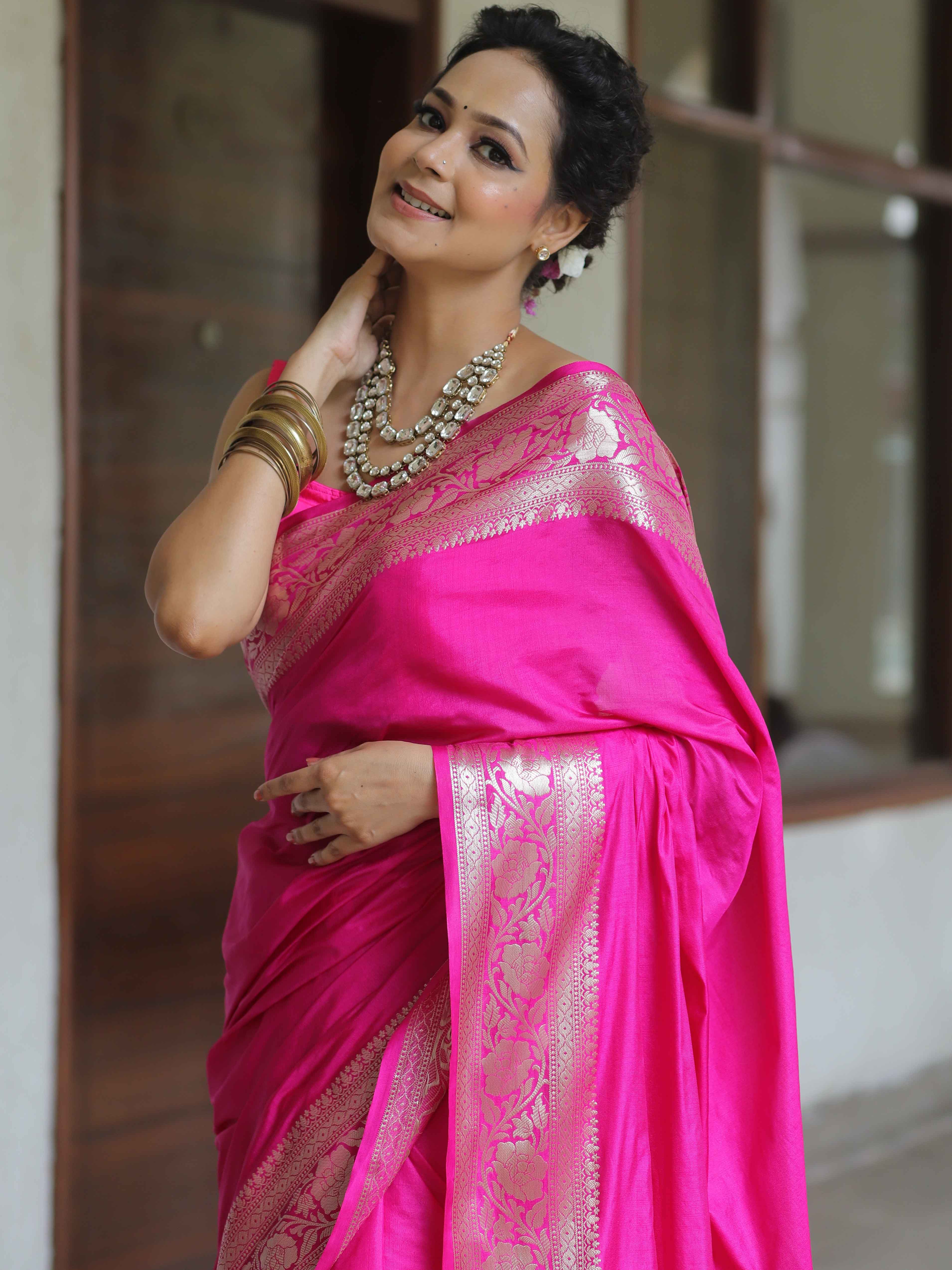 Banarasee Handwoven Semi Silk Saree With Silver Zari Border-Pink