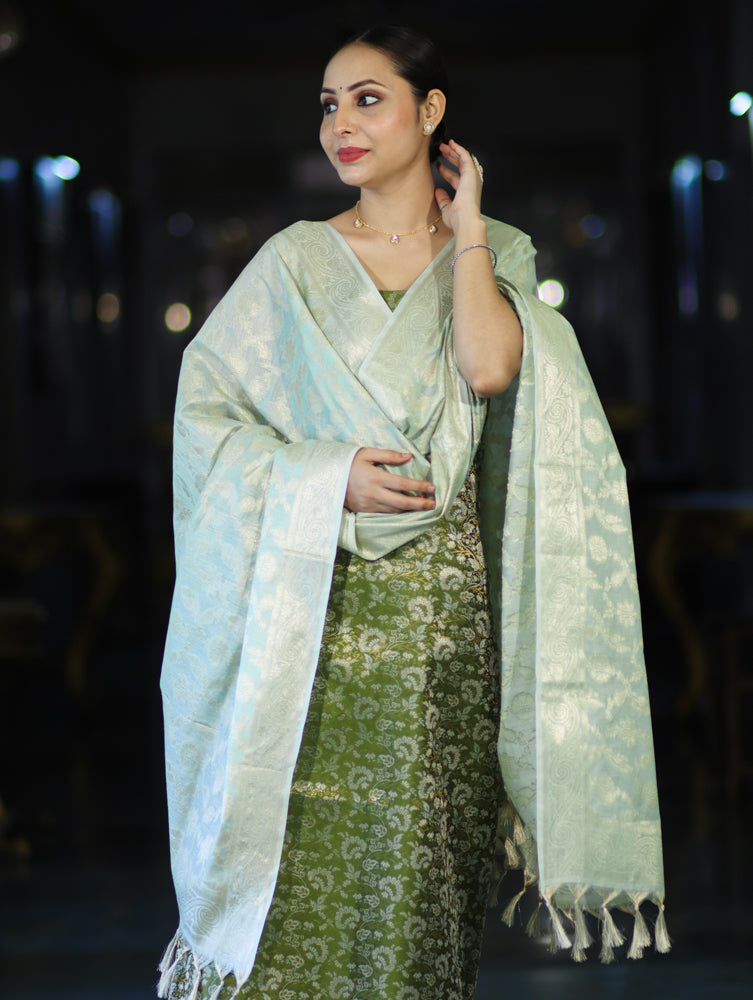 Banarasee Brocade Salwar Kameez Fabric With Jaal Design Contrast Dupatta-Green