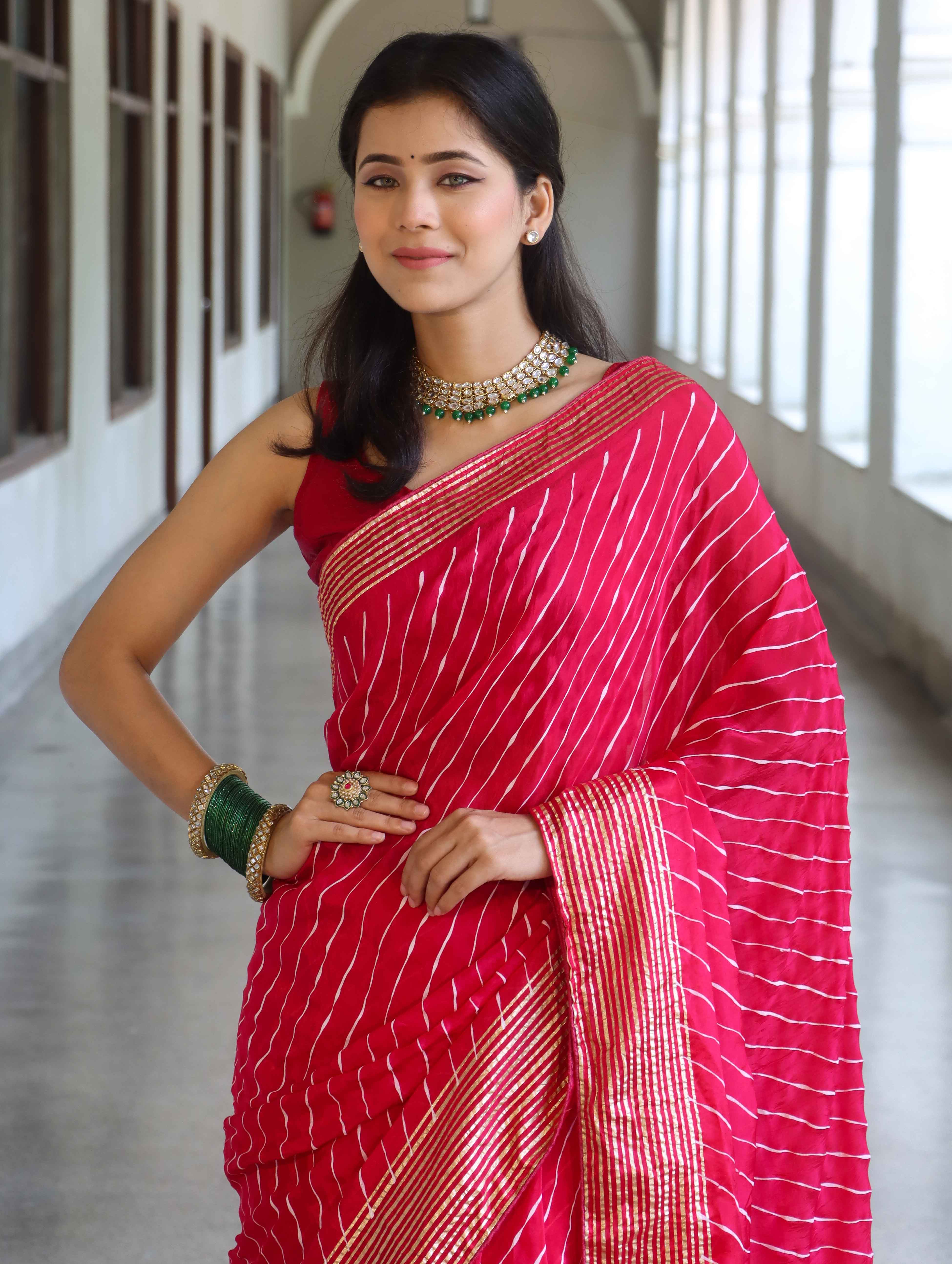 Banarasee Semi Silk Saree With Leheriya Design & Zari Border-Pink