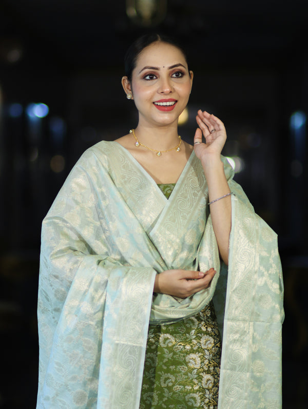 Banarasee Brocade Salwar Kameez Fabric With Jaal Design Contrast Dupatta-Green