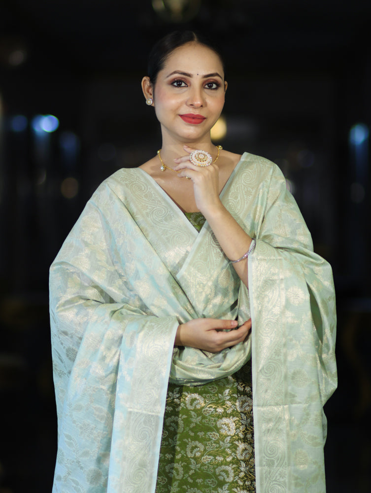 Banarasee Brocade Salwar Kameez Fabric With Jaal Design Contrast Dupatta-Green
