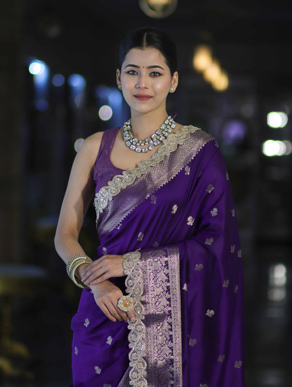 Banarasee Handloom Semi Silk Saree With Zari Buti Design & Lace Border-Violet