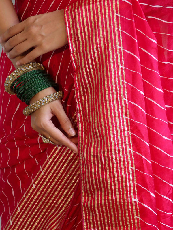 Banarasee Semi Silk Saree With Leheriya Design & Zari Border-Pink
