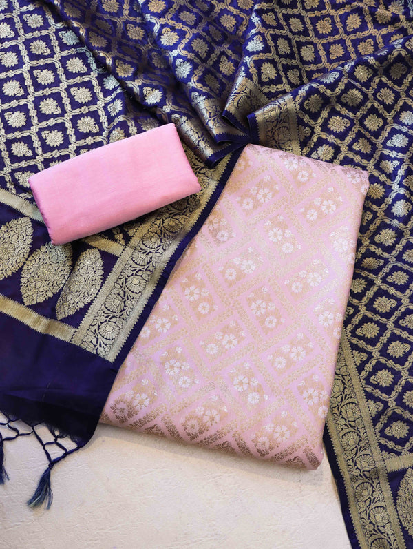 Banarasee Brocade Salwar Kameez Fabric With Jaal Design Dupatta-Light Pink & Blue