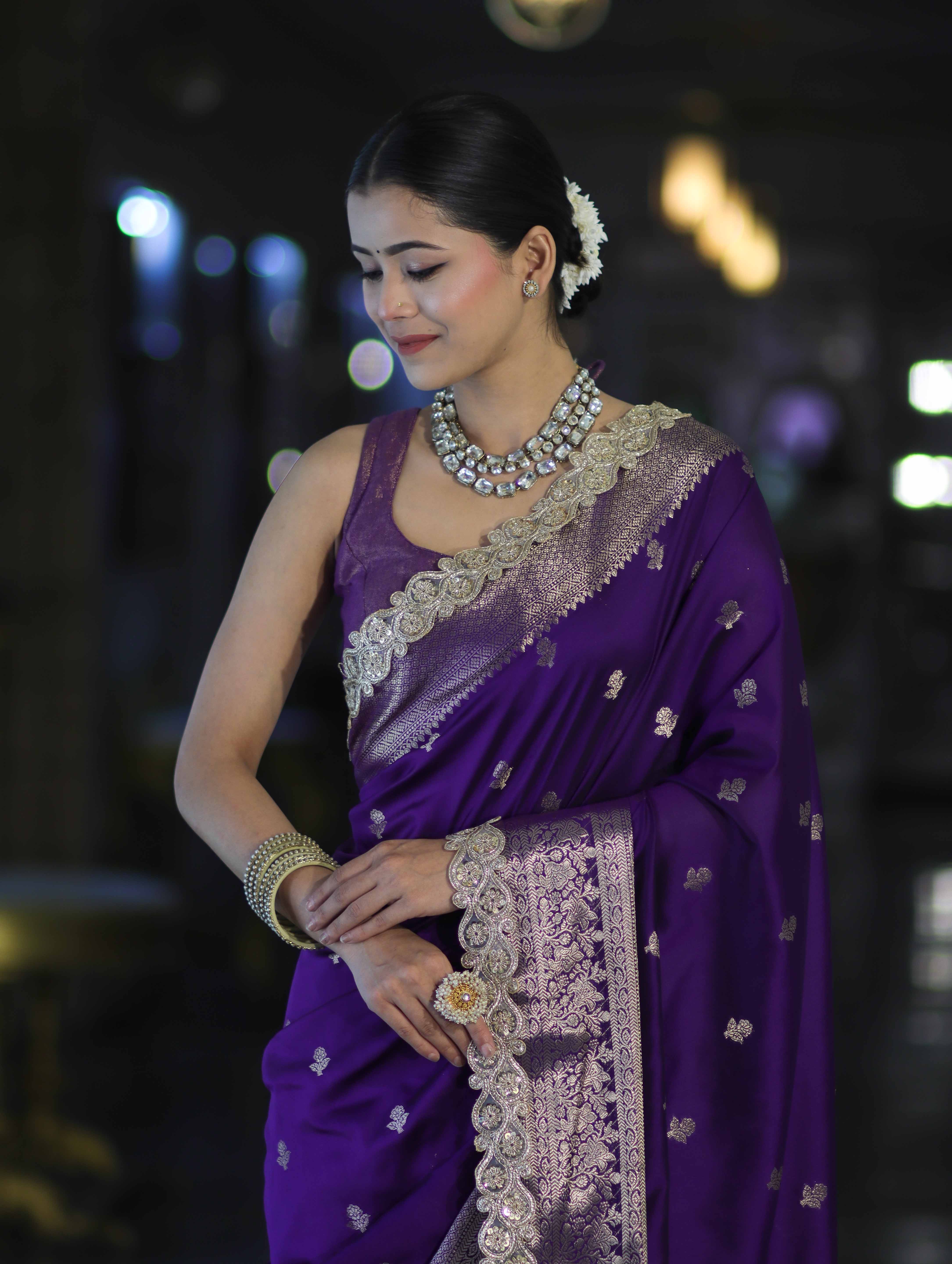 Banarasee Handloom Semi Silk Saree With Zari Buti Design & Lace Border-Violet