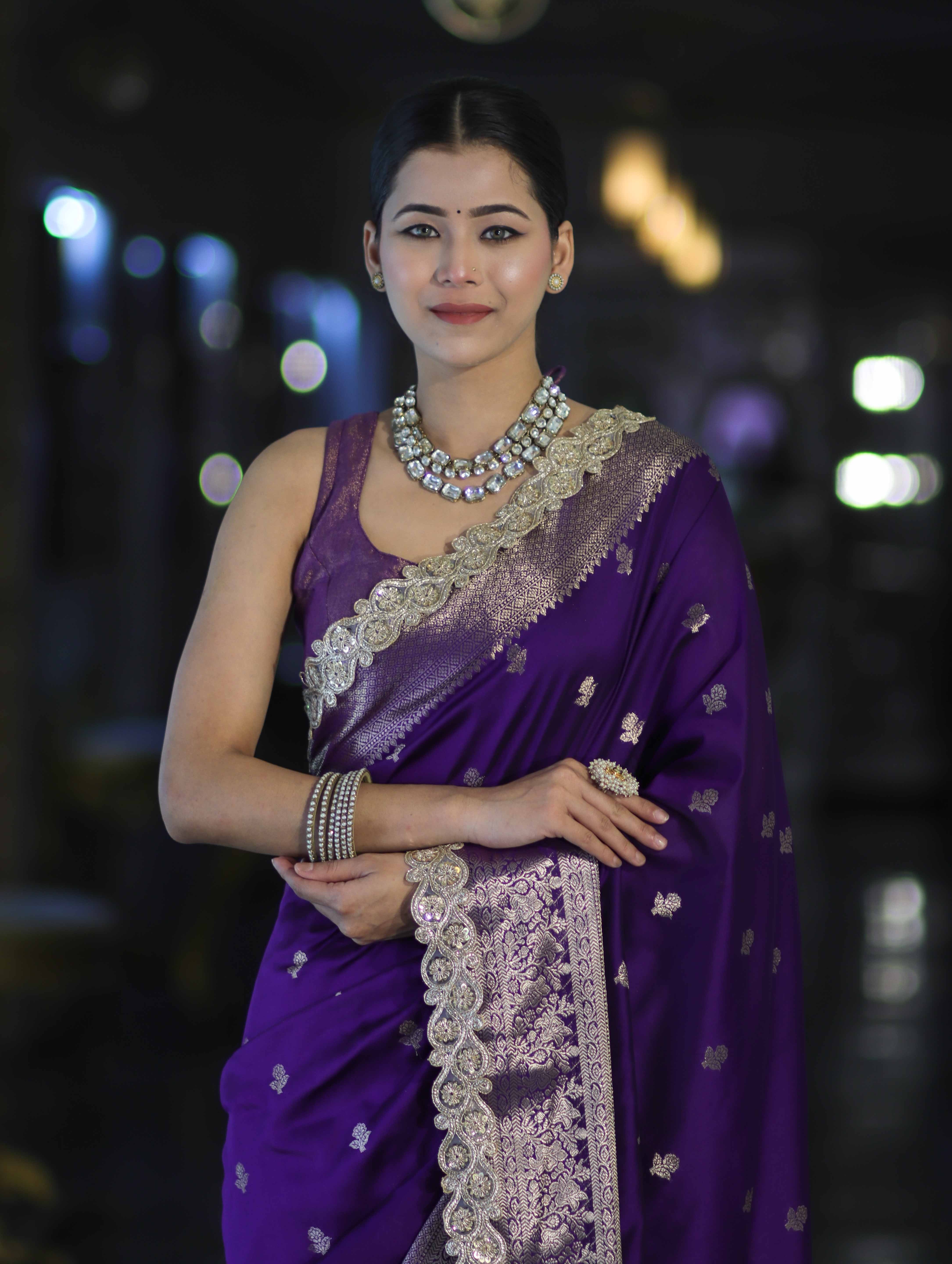 Banarasee Handloom Semi Silk Saree With Zari Buti Design & Lace Border-Violet