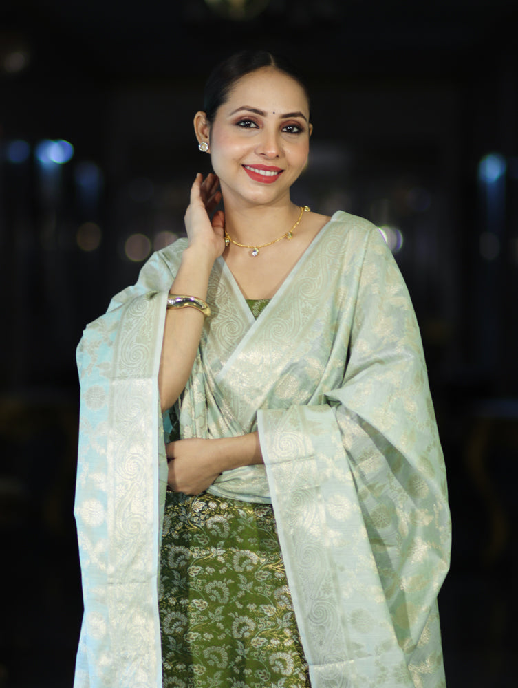 Banarasee Brocade Salwar Kameez Fabric With Jaal Design Contrast Dupatta-Green