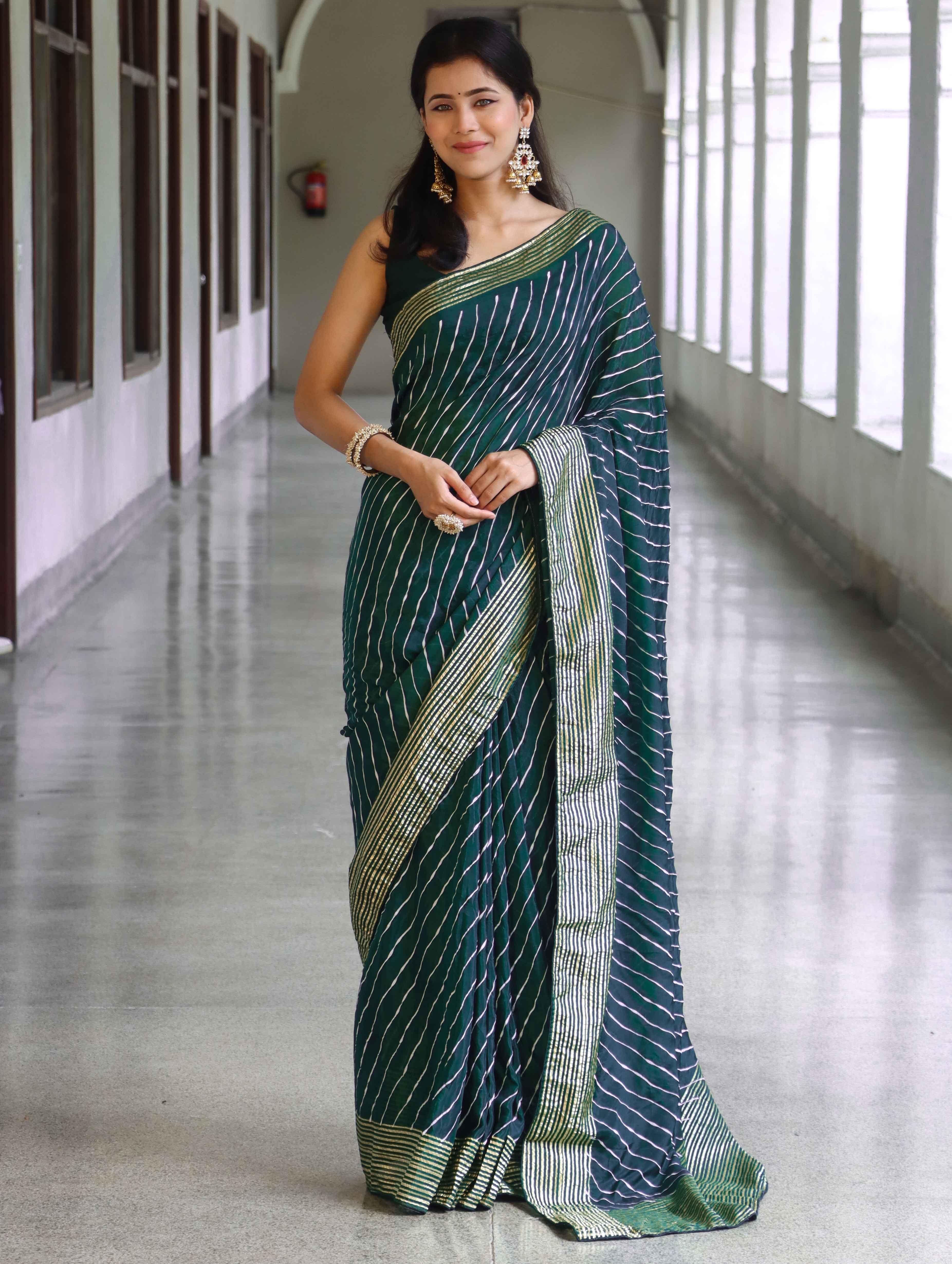 Banarasee Semi Silk Saree With Leheriya Design & Zari Border-Teal Blue