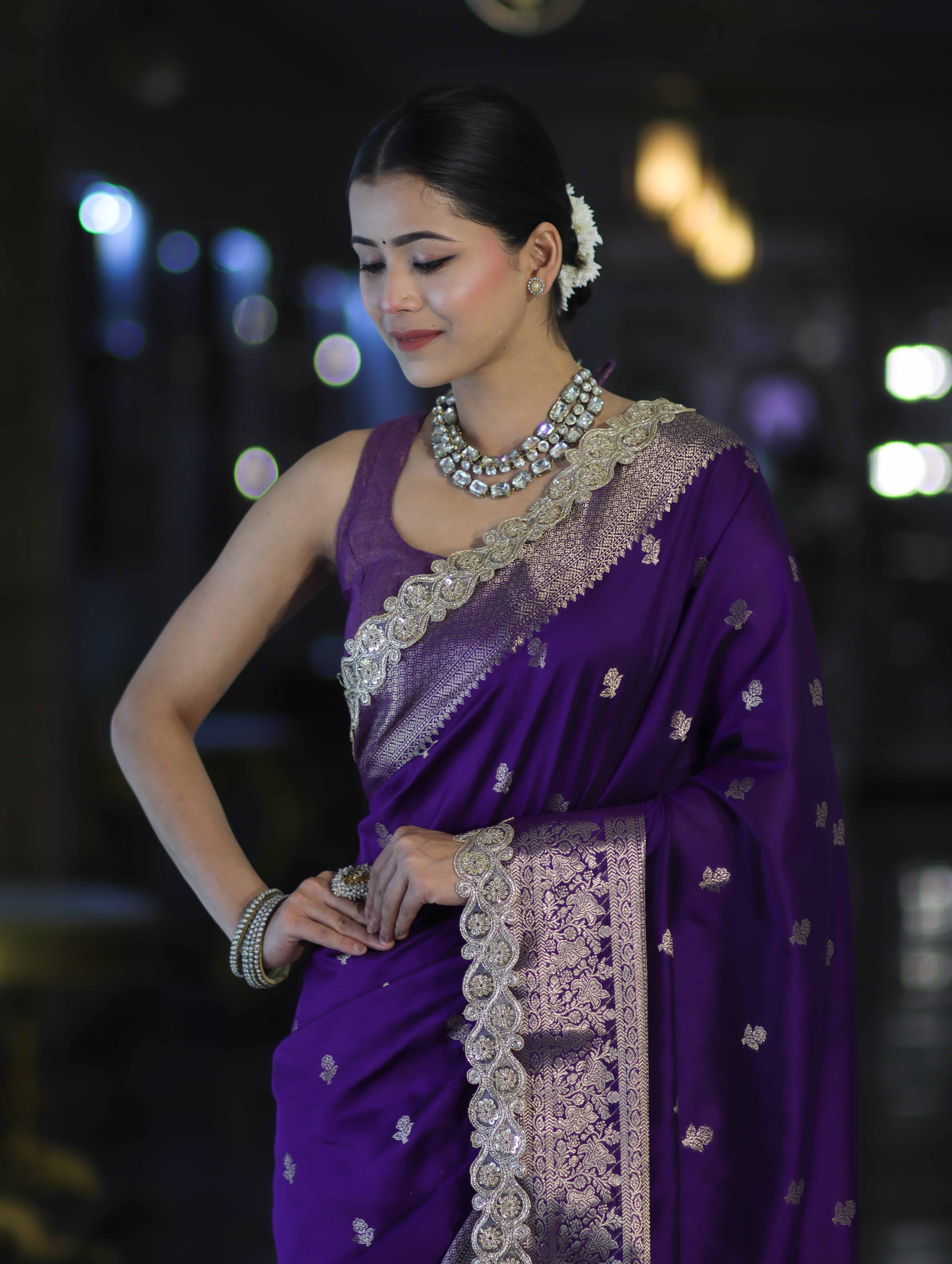 Banarasee Handloom Semi Silk Saree With Zari Buti Design & Lace Border-Violet
