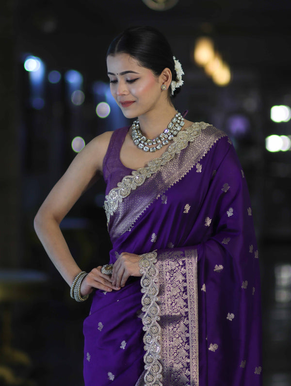 Banarasee Handloom Semi Silk Saree With Zari Buti Design & Lace Border-Violet