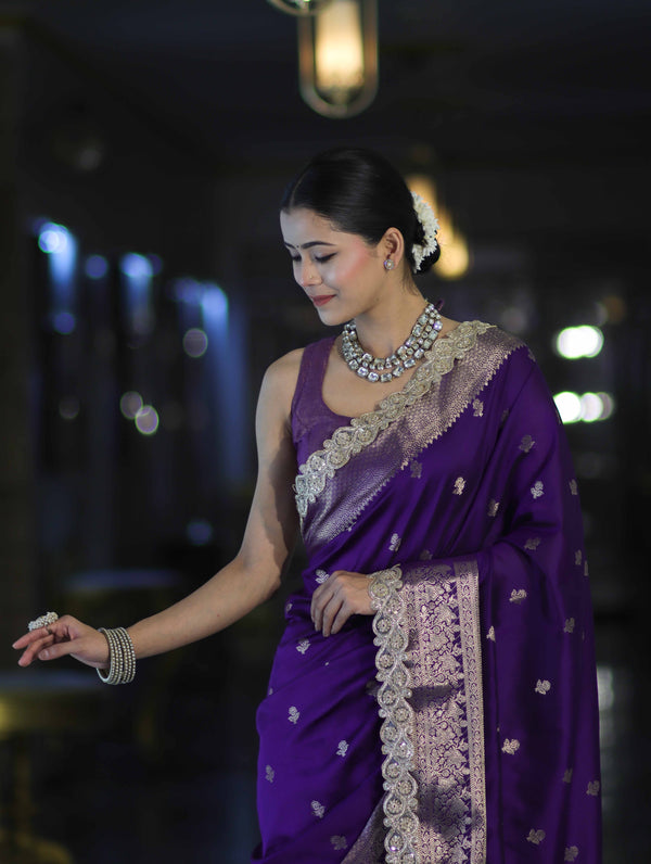 Banarasee Handloom Semi Silk Saree With Zari Buti Design & Lace Border-Violet