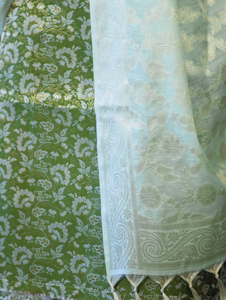 Banarasee Brocade Salwar Kameez Fabric With Jaal Design Contrast Dupatta-Green