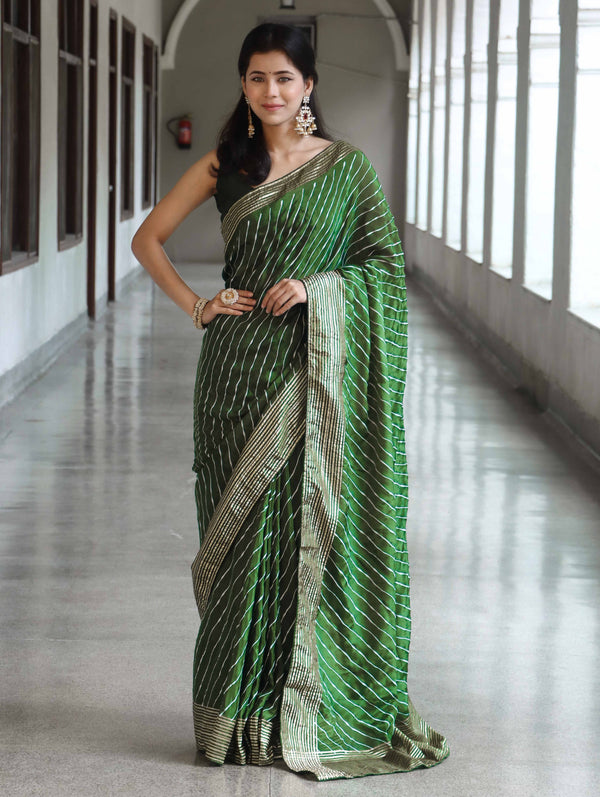 Banarasee Semi Silk Saree With Leheriya Design & Zari Border-Olive Green