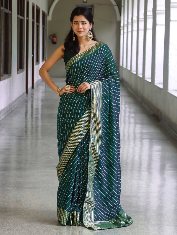 Banarasee Semi Silk Saree With Leheriya Design & Zari Border-Teal Blue