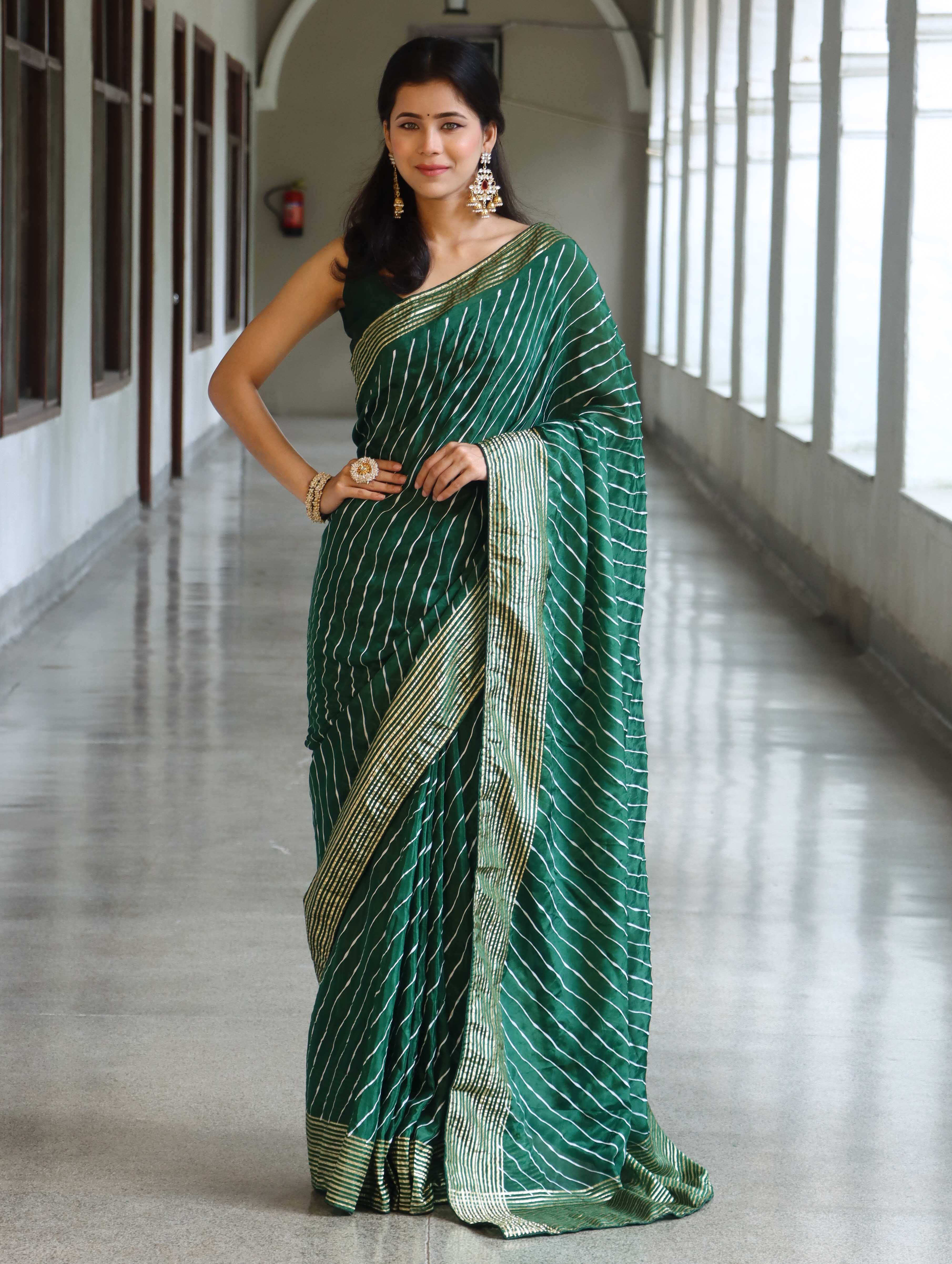 Banarasee Semi Silk Saree With Leheriya Design & Zari Border-Deep Green