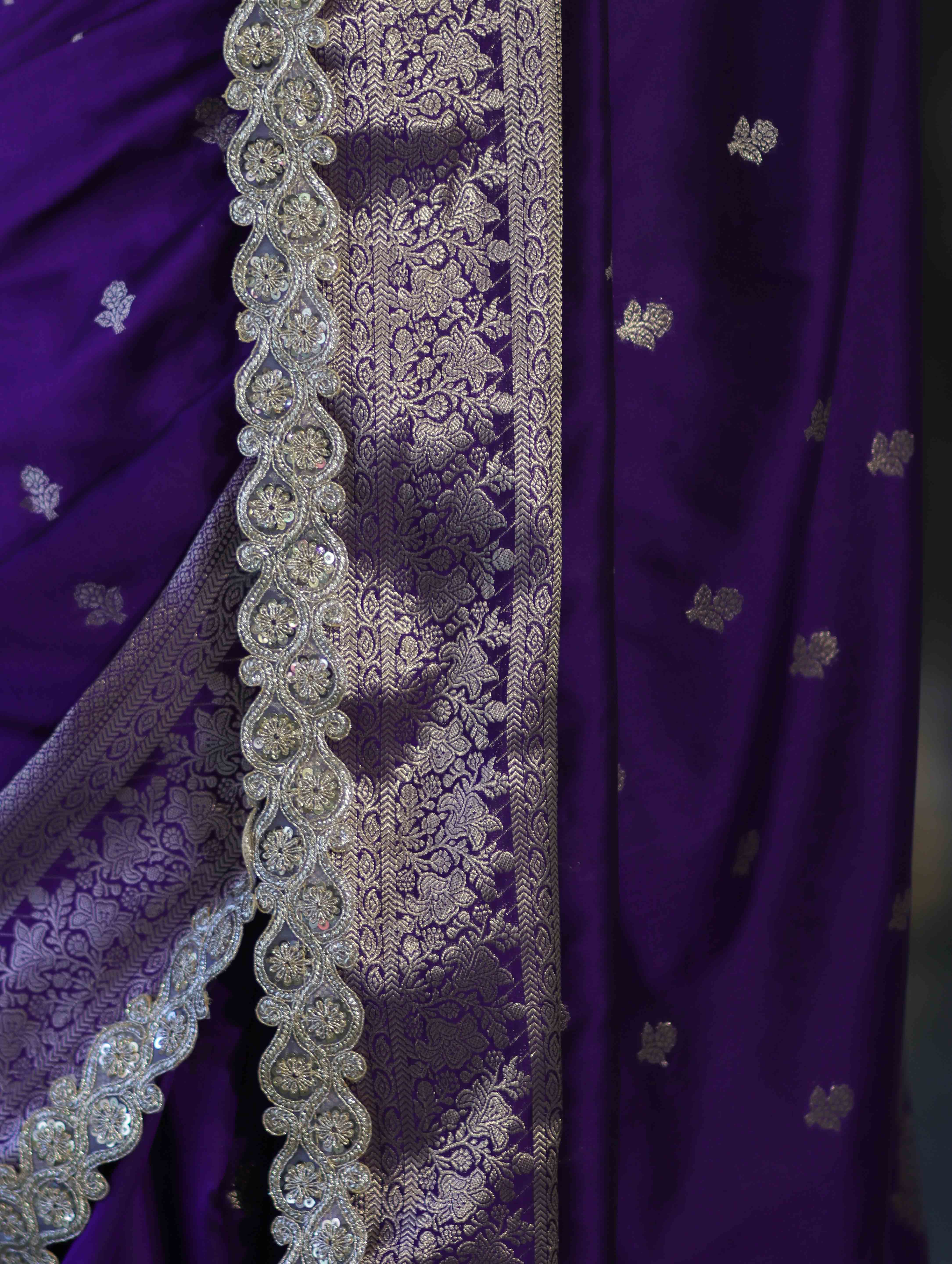 Banarasee Handloom Semi Silk Saree With Zari Buti Design & Lace Border-Violet