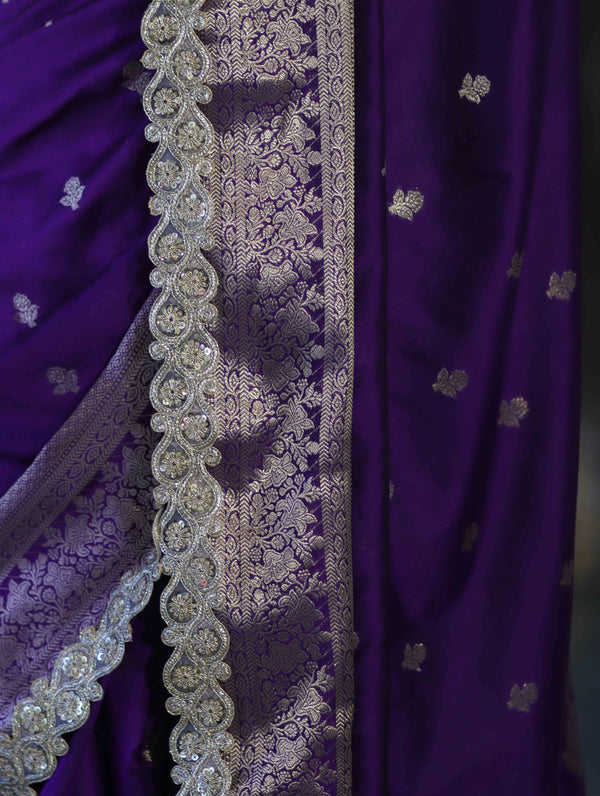 Banarasee Handloom Semi Silk Saree With Zari Buti Design & Lace Border-Violet