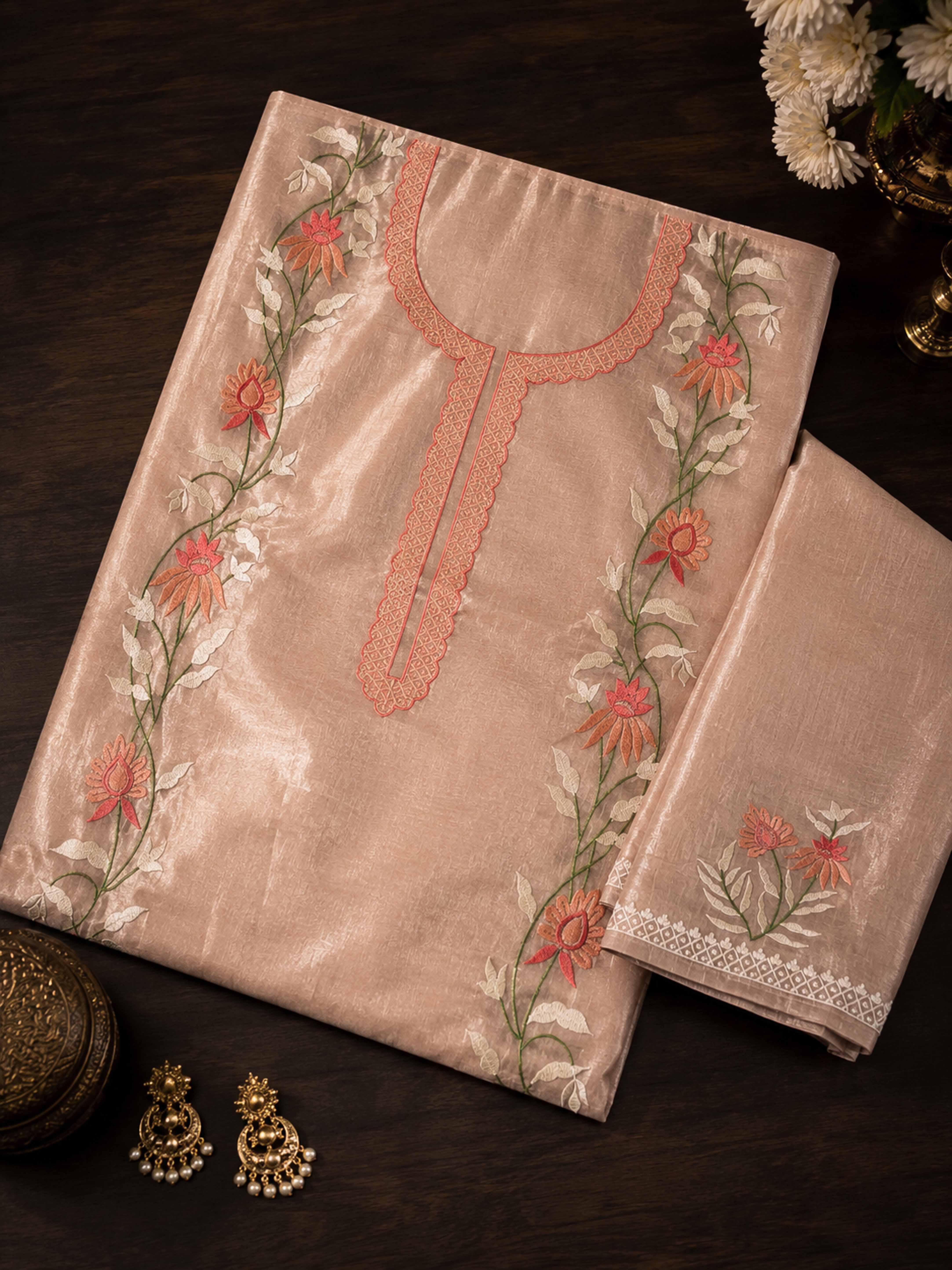 Banarasee Soft Tissue Thread Embroidered Semi-Stitched Salwar Kameez Fabric With Dupatta Set-Peach