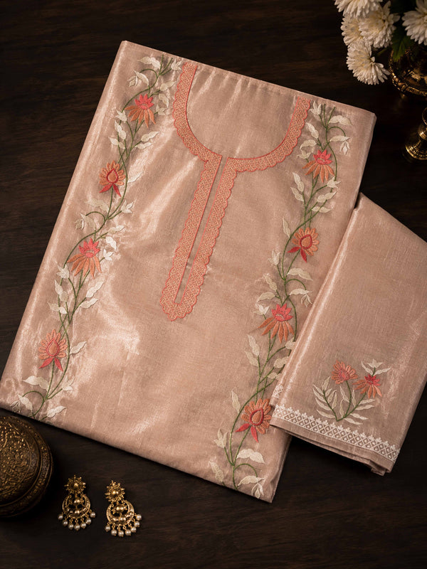 Banarasee Soft Tissue Thread Embroidered Semi-Stitched Salwar Kameez Fabric With Dupatta Set-Peach