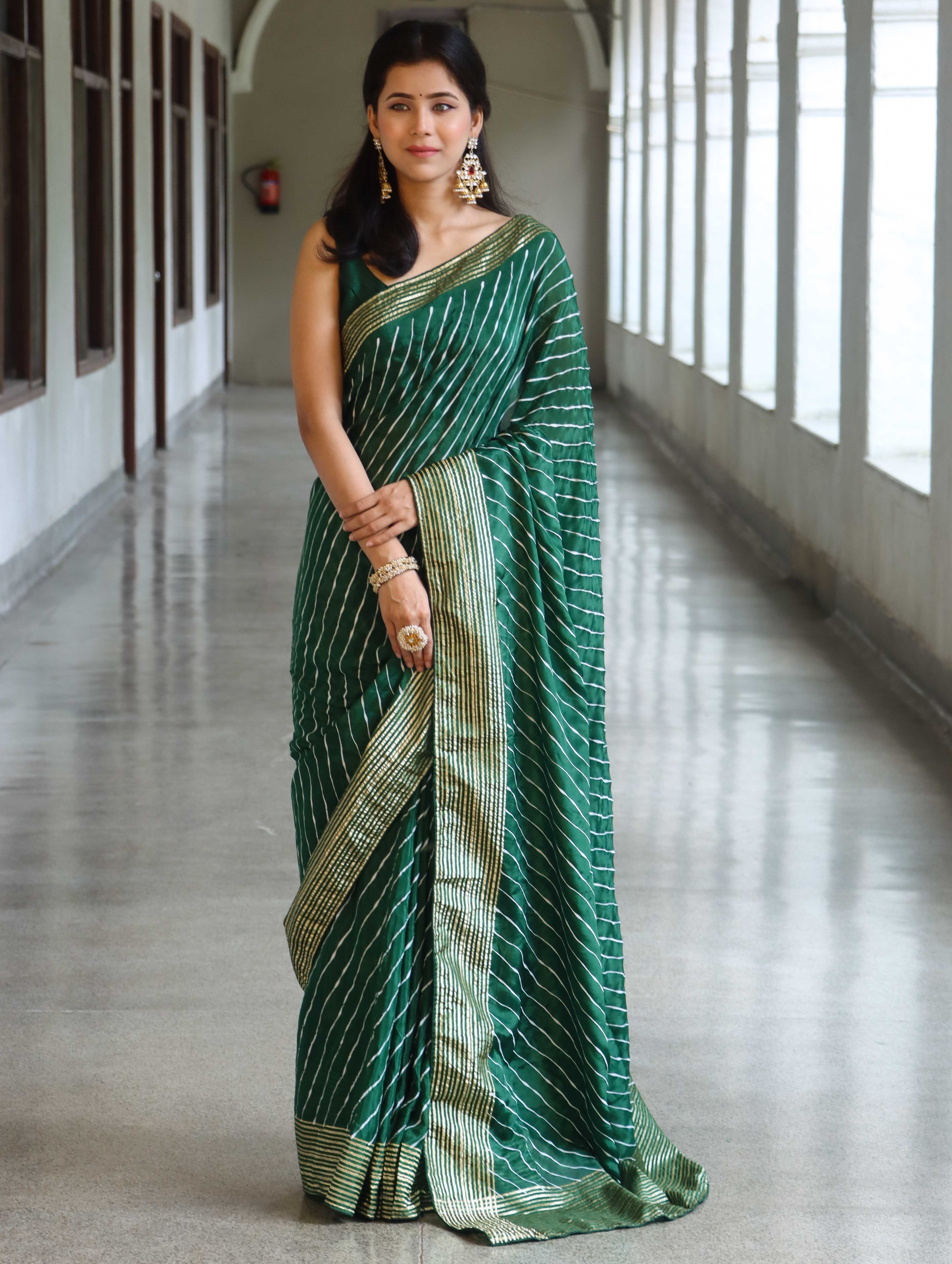 Banarasee Semi Silk Saree With Leheriya Design & Zari Border-Deep Green