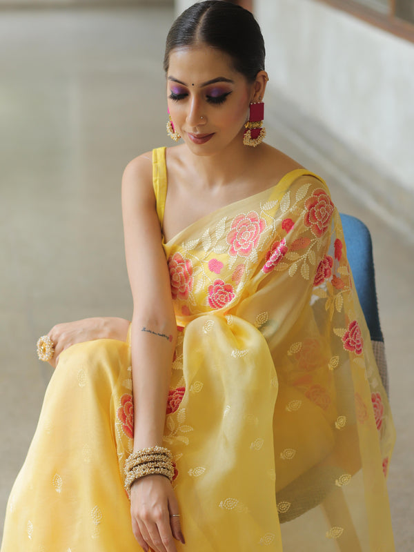 Banarasee Pure Organza Silk Saree With Floral Resham Embroidery-Yellow